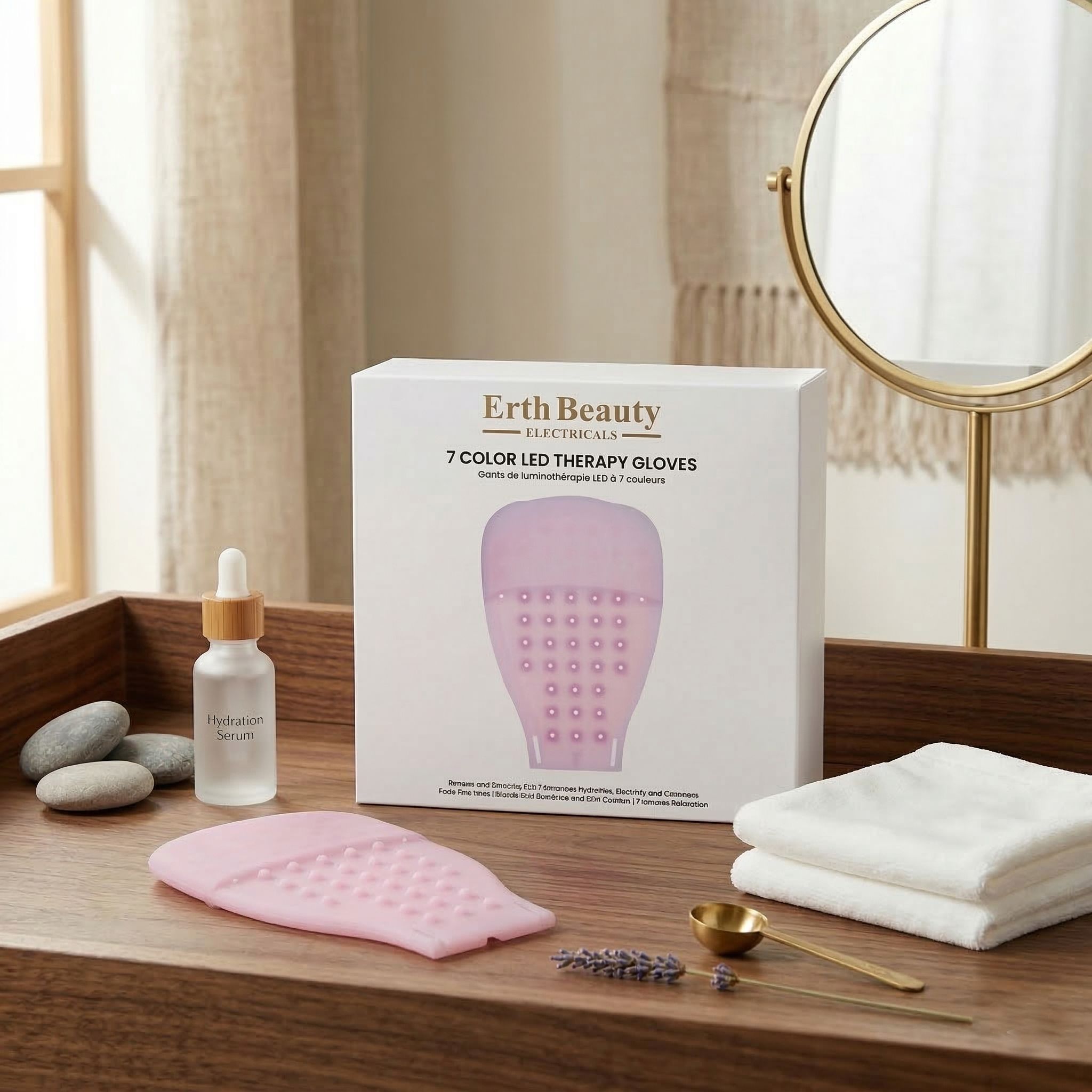 Ein rosa LED-Therapiehandschuh und seine Verpackung auf einem Holztisch mit Zubehör.