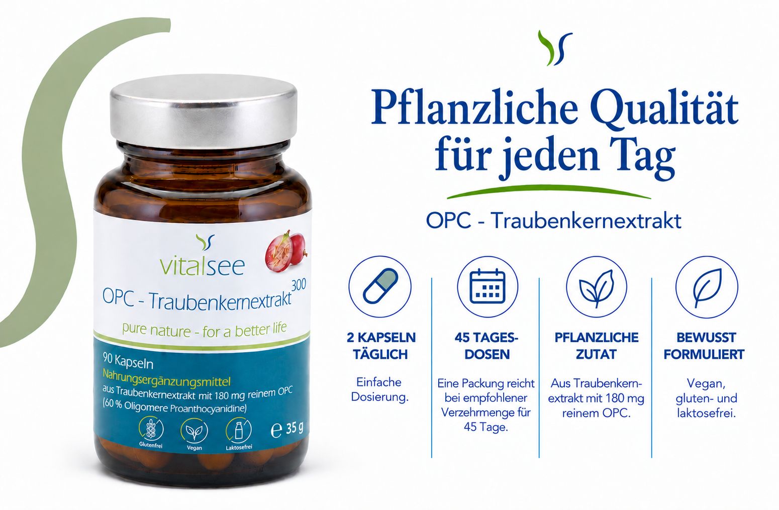 Vitalsee OPC Traubenkernextrakt Flasche mit Icons für Dosierung, Haltbarkeit und Inhaltsstoffe.