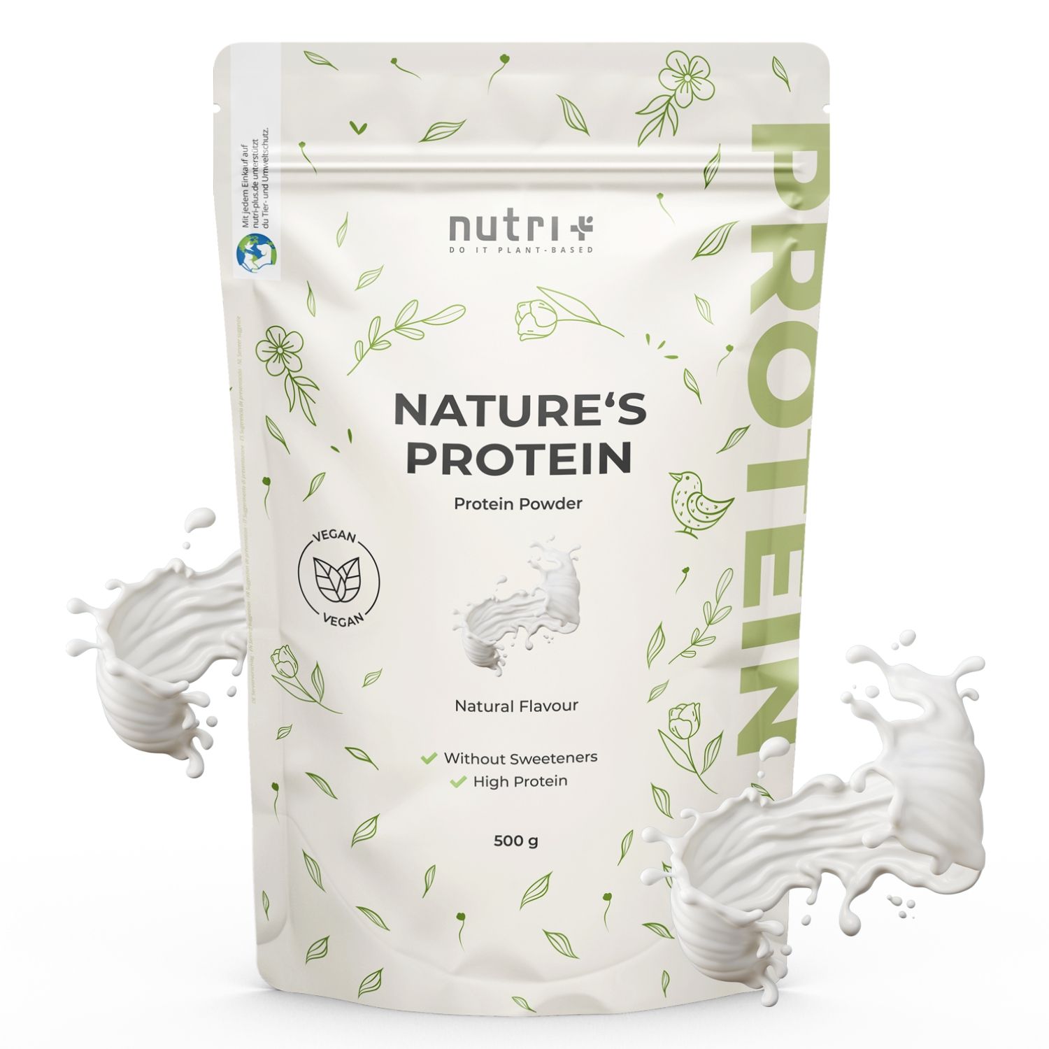 Beutel mit Nature's Protein Pulver. Aufschrift: Nature's Protein, Natural Flavor, ohne Süßstoffe, High Protein, 500 g. Vegan-Siegel.