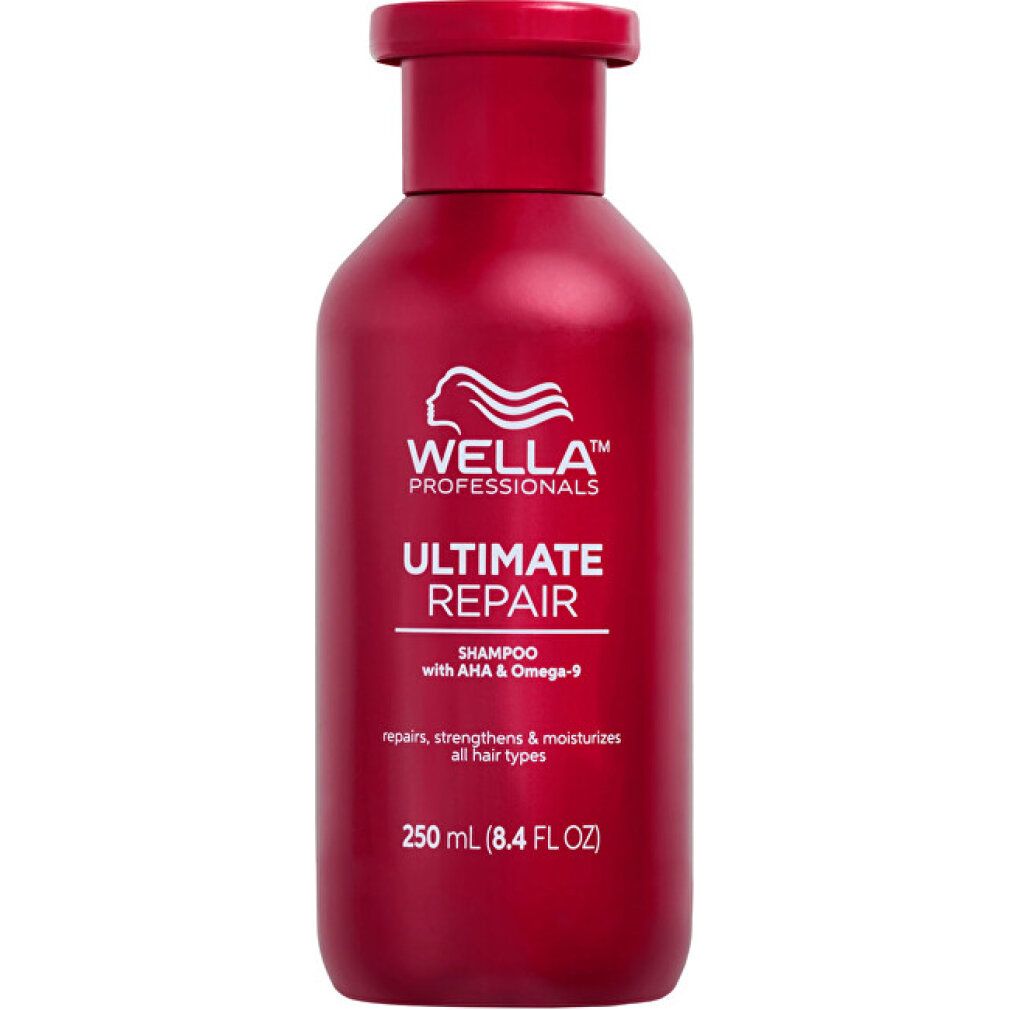 Wella Ultimate Repair Shampoo, 250ml Flasche. Rote Verpackung mit weißem Logo und Text.