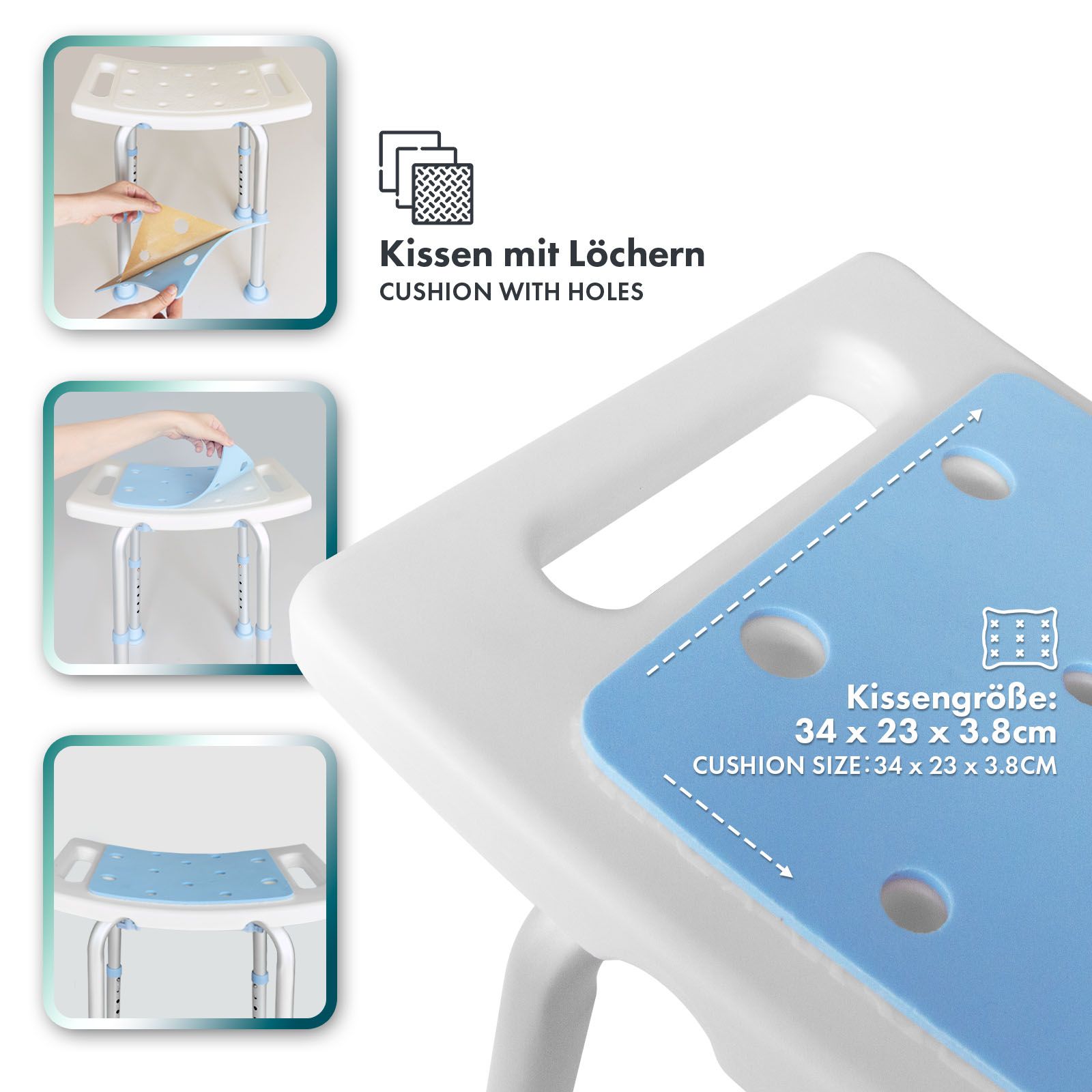 Duschhocker mit blauem Sitz. Kissen mit Löchern. Kissengröße: 34 x 23 x 3.8cm. Höhenverstellbar. Anti-Rutsch-Gummifüße.