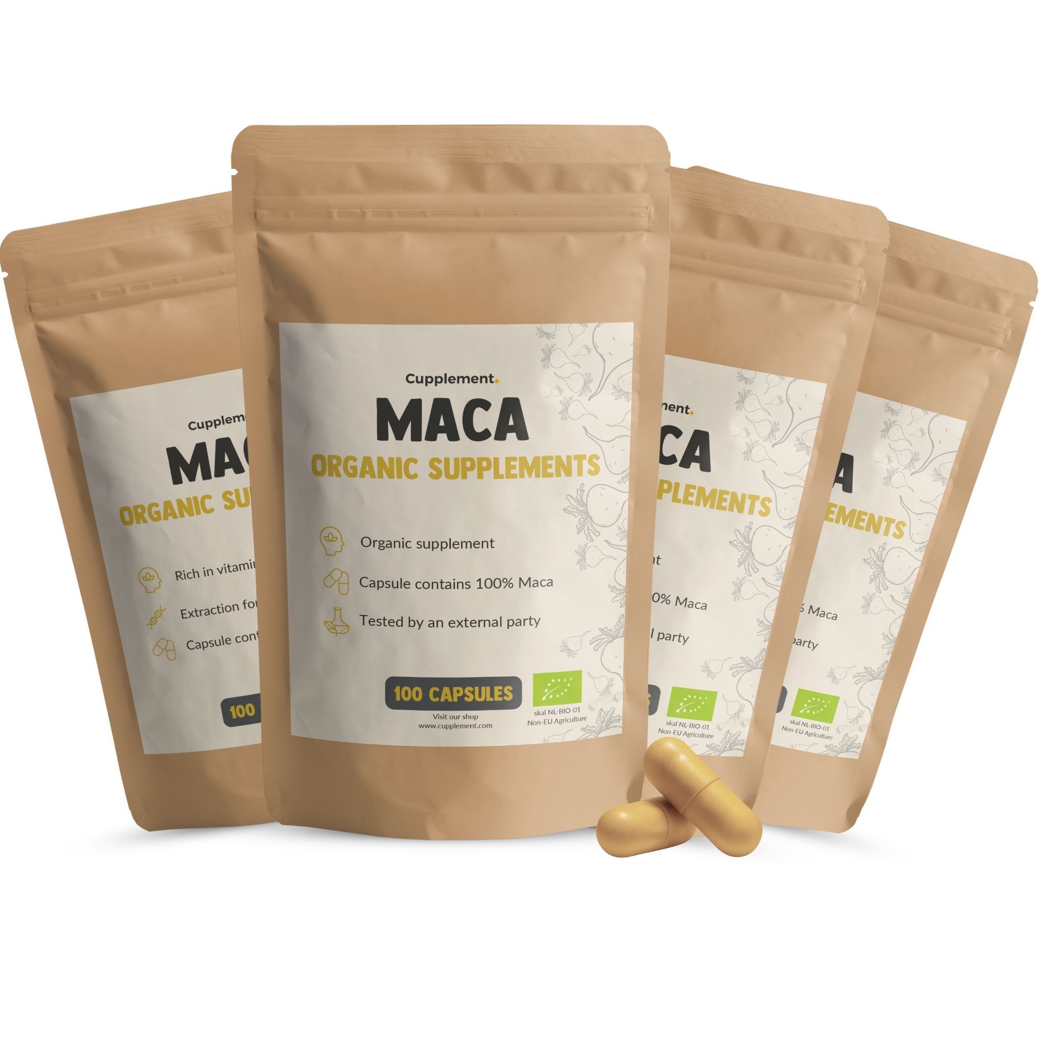 Beutel mit Kapseln. Aufschrift: Maca Organic Supplements. 100 Kapseln. Zwei Kapseln liegen daneben. Bio-Zertifizierung.