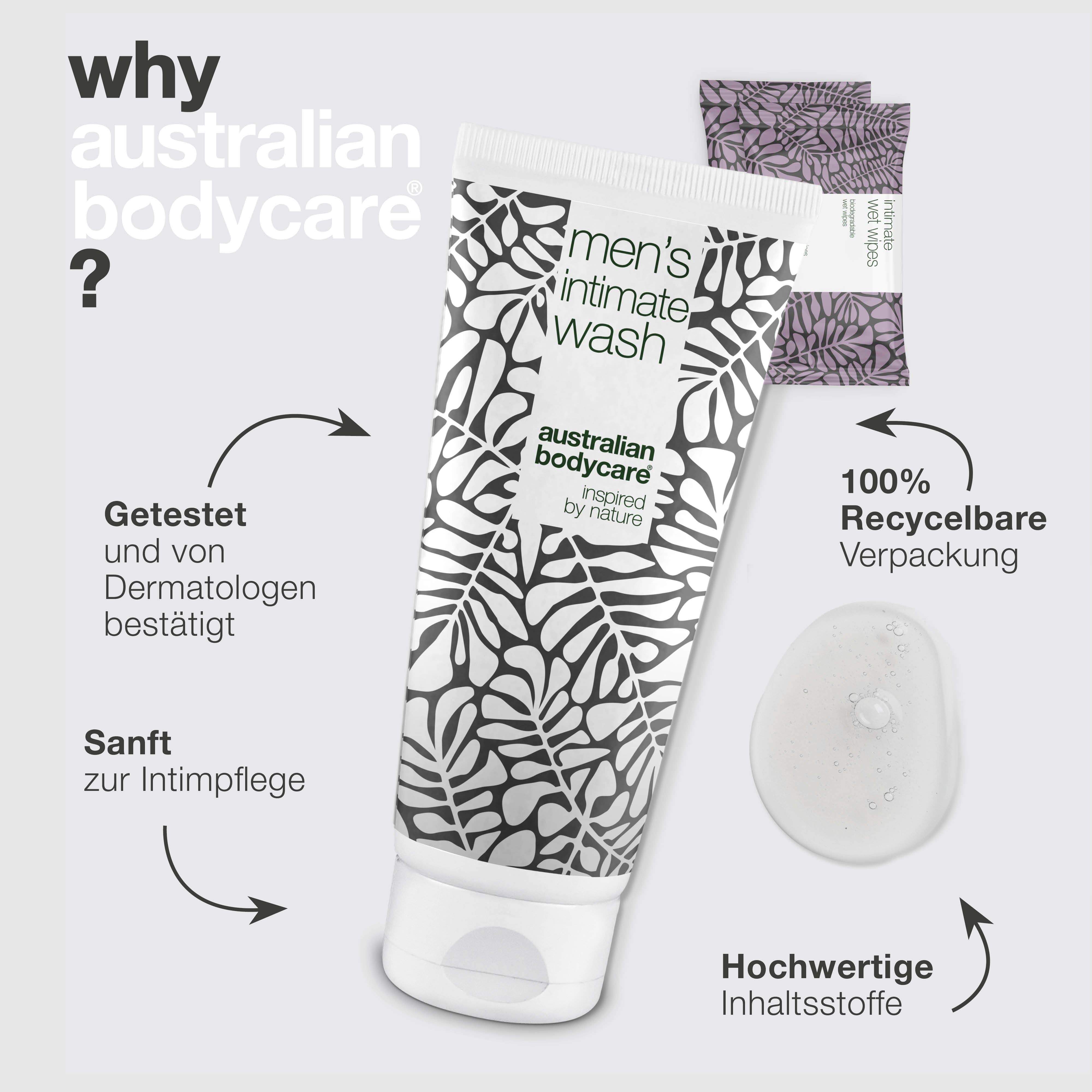 Intimwaschgel und Feuchttücher. Marke: Australian Bodycare. Text: Warum Australian Bodycare?
