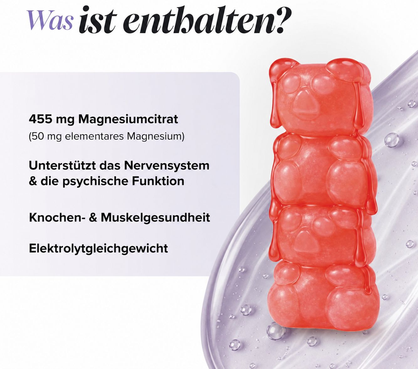 Rote Gummibärchen mit Magnesiumcitrat, unterstützt Nervensystem und Knochen.