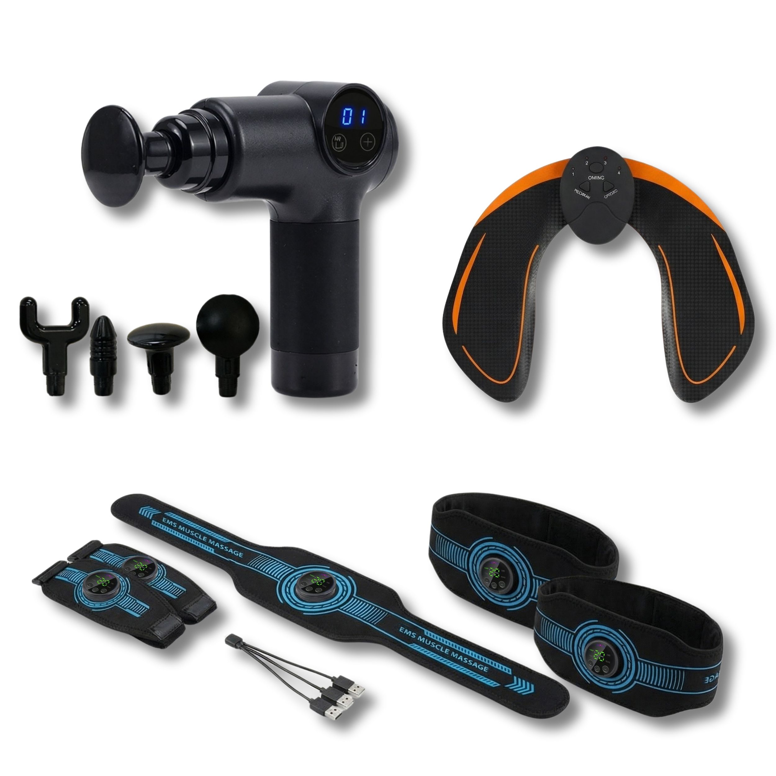 Massagepistole, Elektrostimulationsgerät für Gesäß, Arme, Beine und Bauch. Zubehörteile.