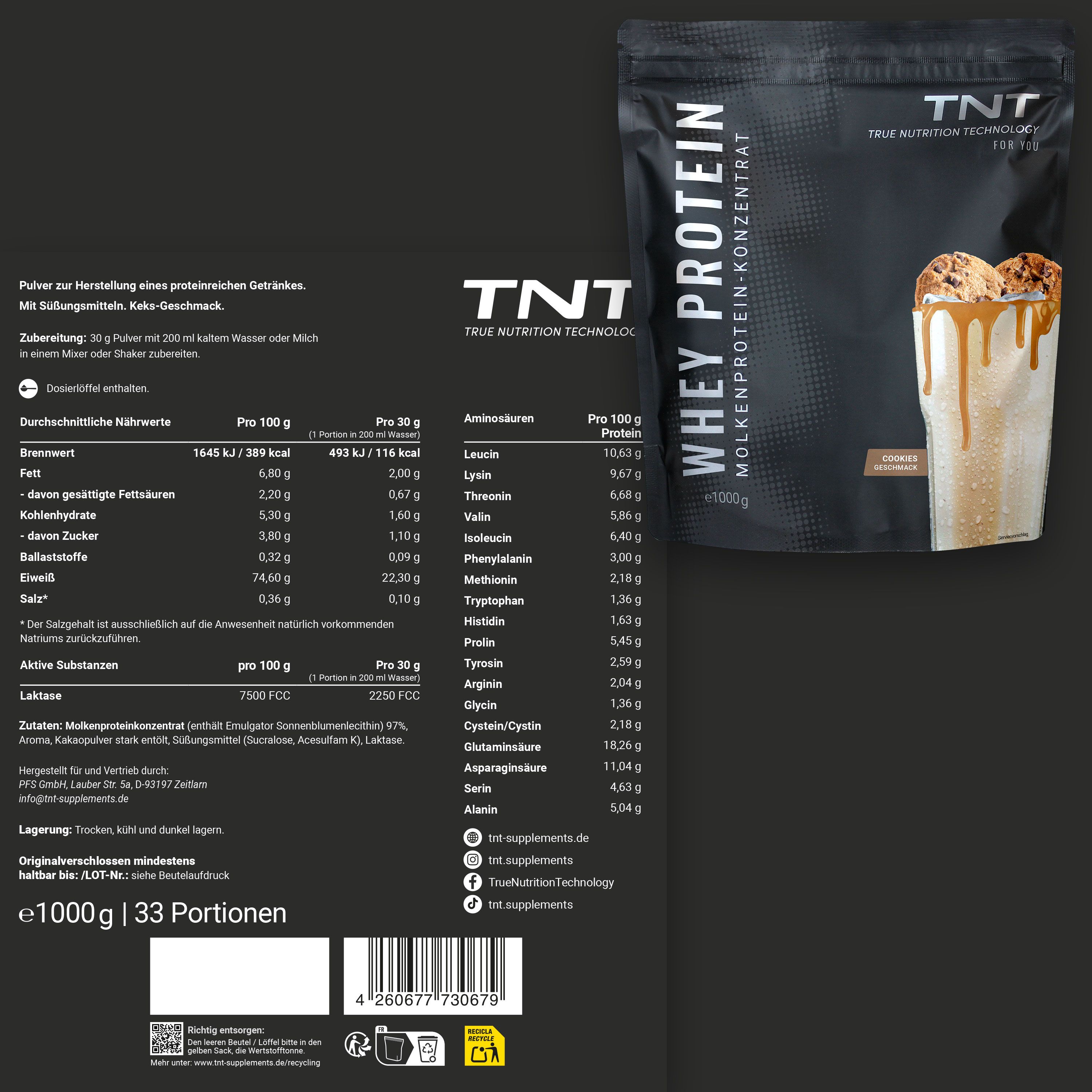 TNT Whey Protein Konzentrat-Beutel und Nährwertangaben. Text: e1000g, 33 Portionen. Zutatenliste und Aminosäuren.