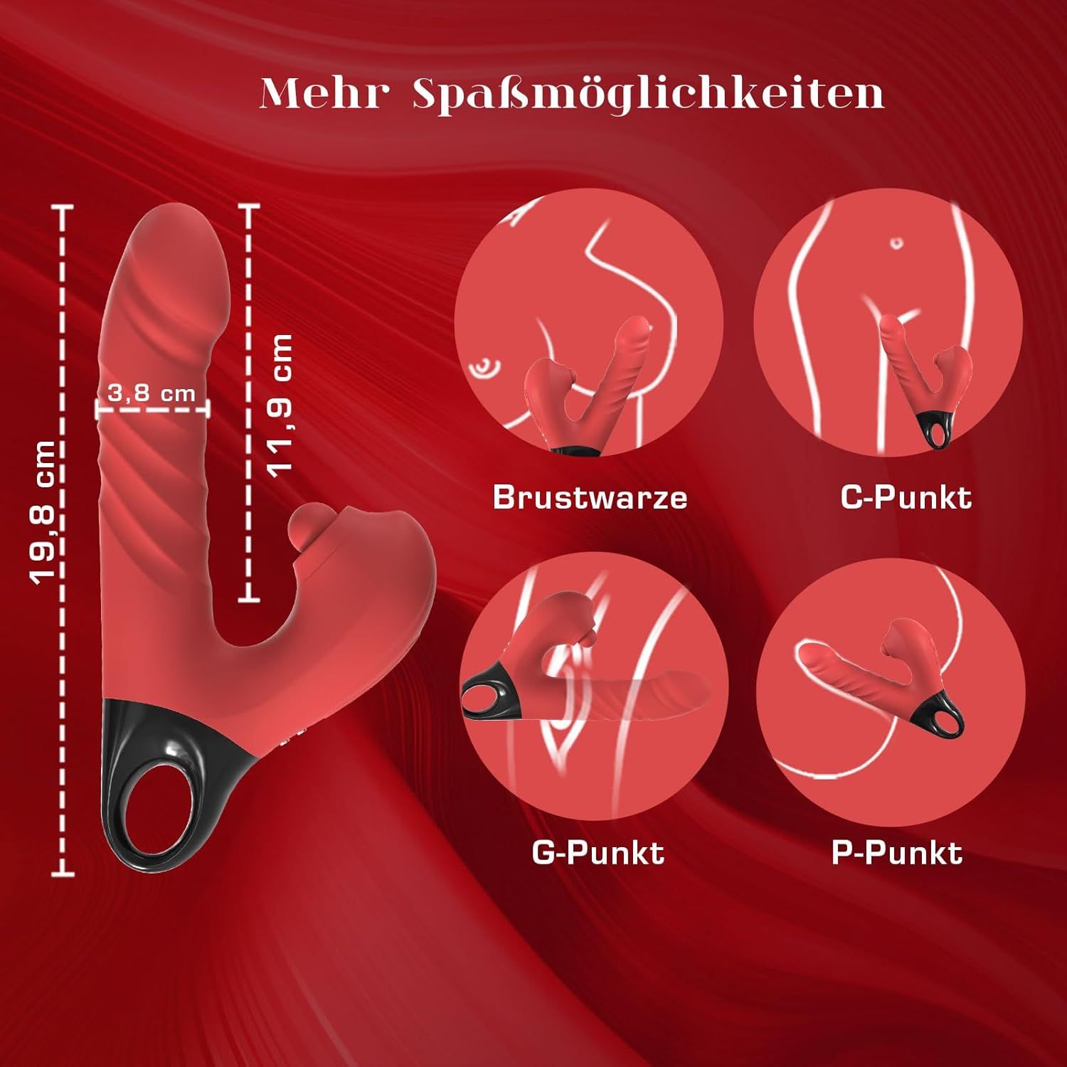 Roter Dildo-Vibrator mit Maßen: 19,8 cm Länge, 3,8 cm Breite, 11,9 cm Durchmesser. Illustrationen: Brustwarze, C-Punkt, G-Punkt, P-Punkt.