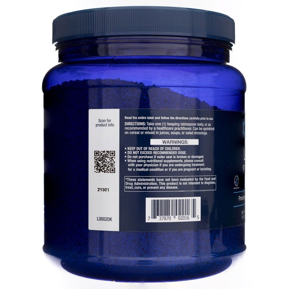 Rückseite des Life Extension Lecithin Pulver Behälters. Enthält Anweisungen, Warnhinweise und Barcode.