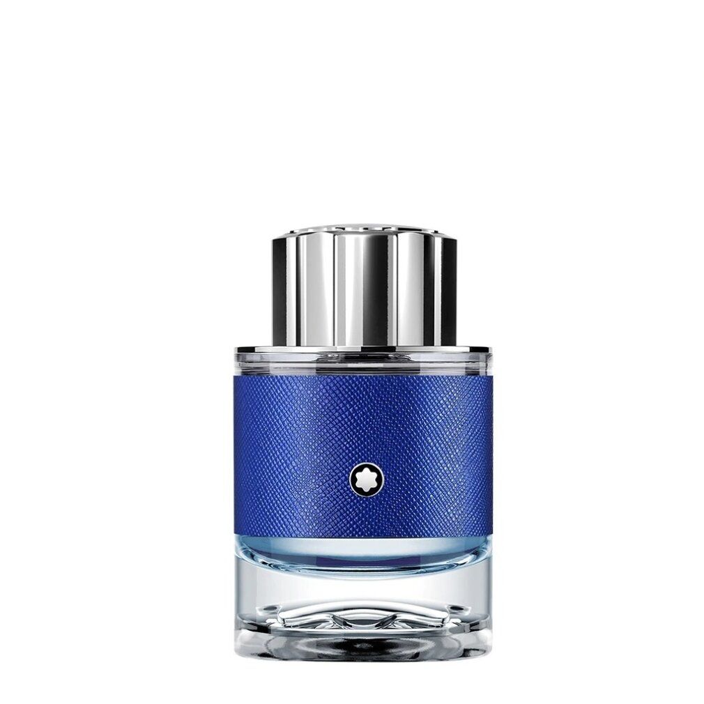Blauer Flakon mit silbernem Deckel. Montblanc-Logo auf dem blauen Teil. Klarer Glasboden.