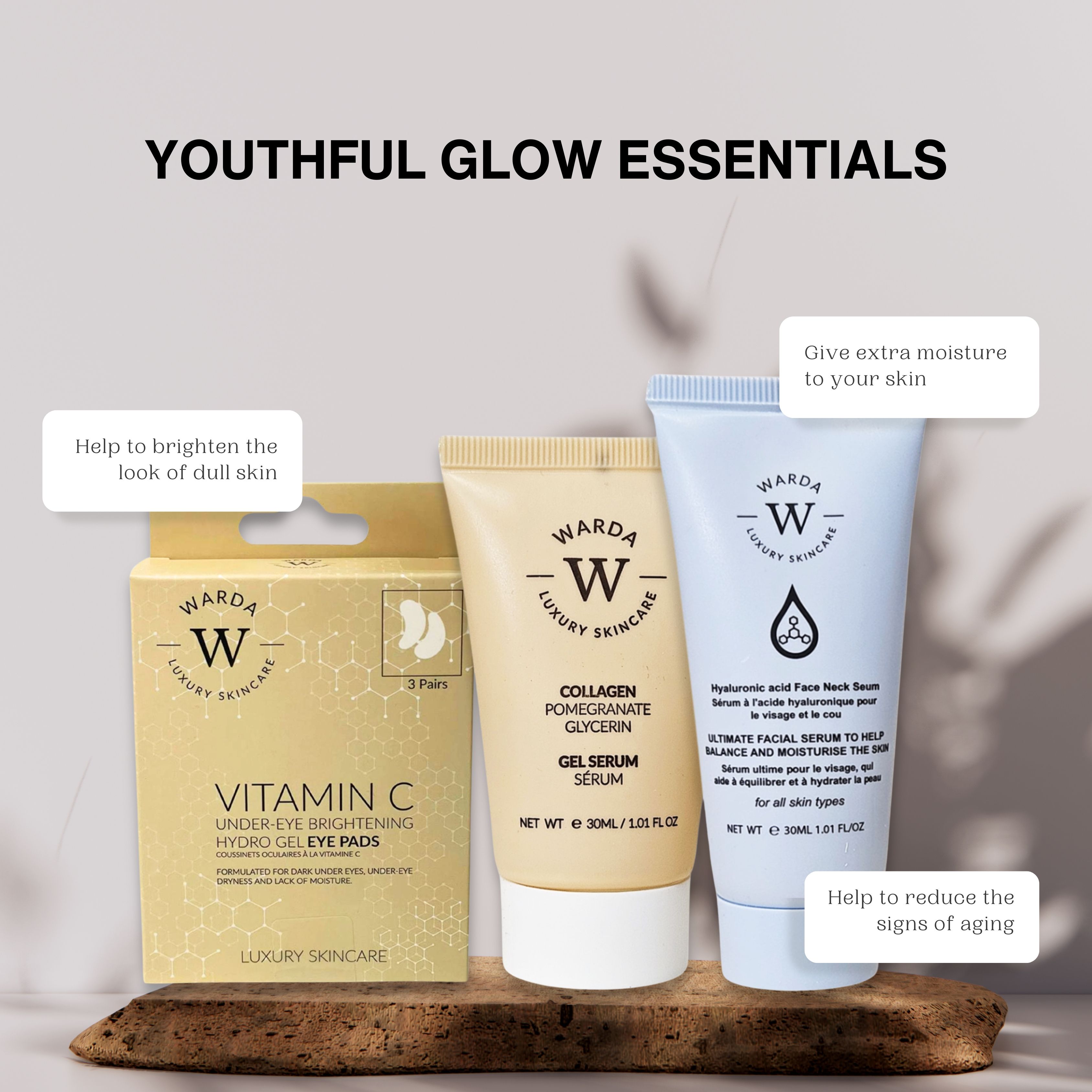 Drei Warda-Hautpflegeprodukte auf einem Podest. Gel Serum, Augenpartie-Pads und Serum. Alle mit Logo und Text.