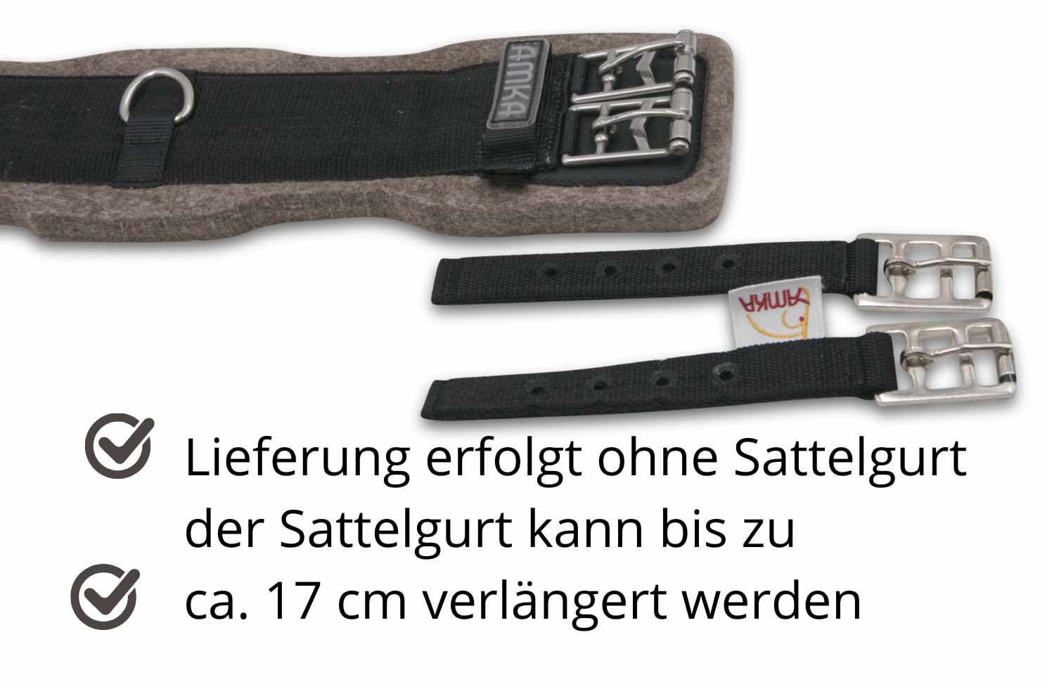 AMKA Sattelgurtverlängerung mit schwarzem Nylon und Metallschnallen. Text: Lieferung ohne Sattelgurt, Verlängerung bis ca. 17 cm.