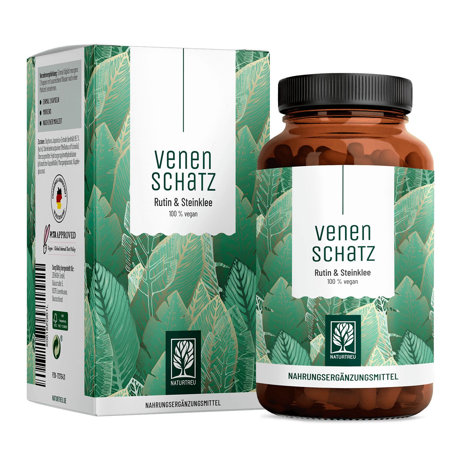 Braune Glasflasche und Schachtel mit Produktaufdruck. Aufschrift: Venenschatz, Rutin & Steinklee, 100% vegan. Mit PETA-Siegel.