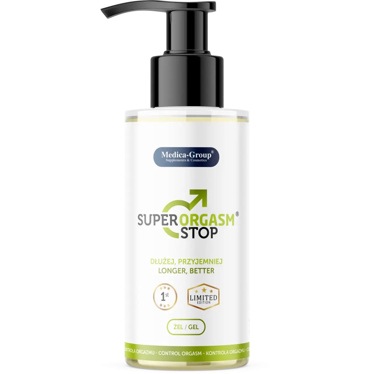 Transparente Flasche mit schwarzem Pumpkopf. Aufschrift: Super Orgasm Stop, 1st, Limited Edition. Gel.