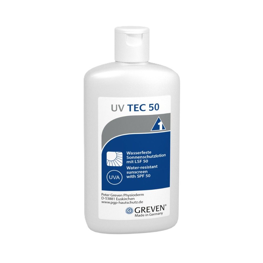 Weiße Flasche mit UV TEC 50 Sonnenschutzlotion. Blaue Etikett mit Text und Logo GREVEN. Wasserfest mit LSF 50.