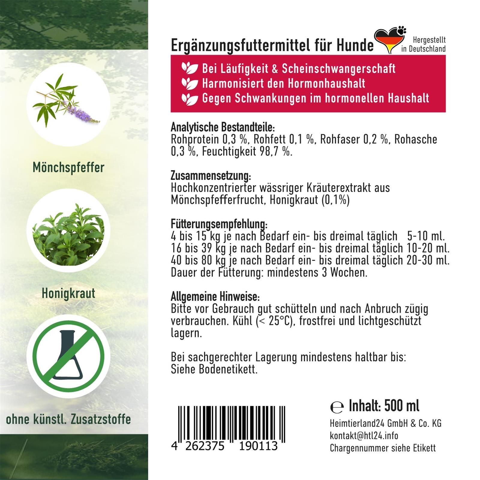 Etikett mit Produktinformationen. Enthält: Mönchspfeffer, Honigkraut. Fütterungsempfehlung, allgemeine Hinweise. Text: Ergänzungsfuttermittel für Hunde. Hergestellt in Deutschland.