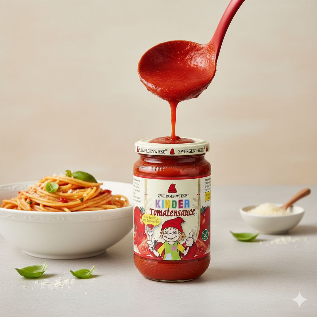 Zwergenwiese Kinder Tomatensauce wird über eine Nudelportion gegossen.