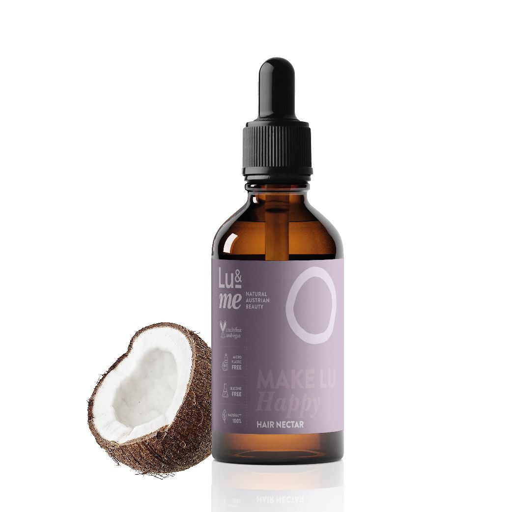 Braune Glasflasche mit Pipette und Kokosnuss. Aufschrift: Lu & me, Make Lu Happy, Hair Nectar. Vegan-Siegel.