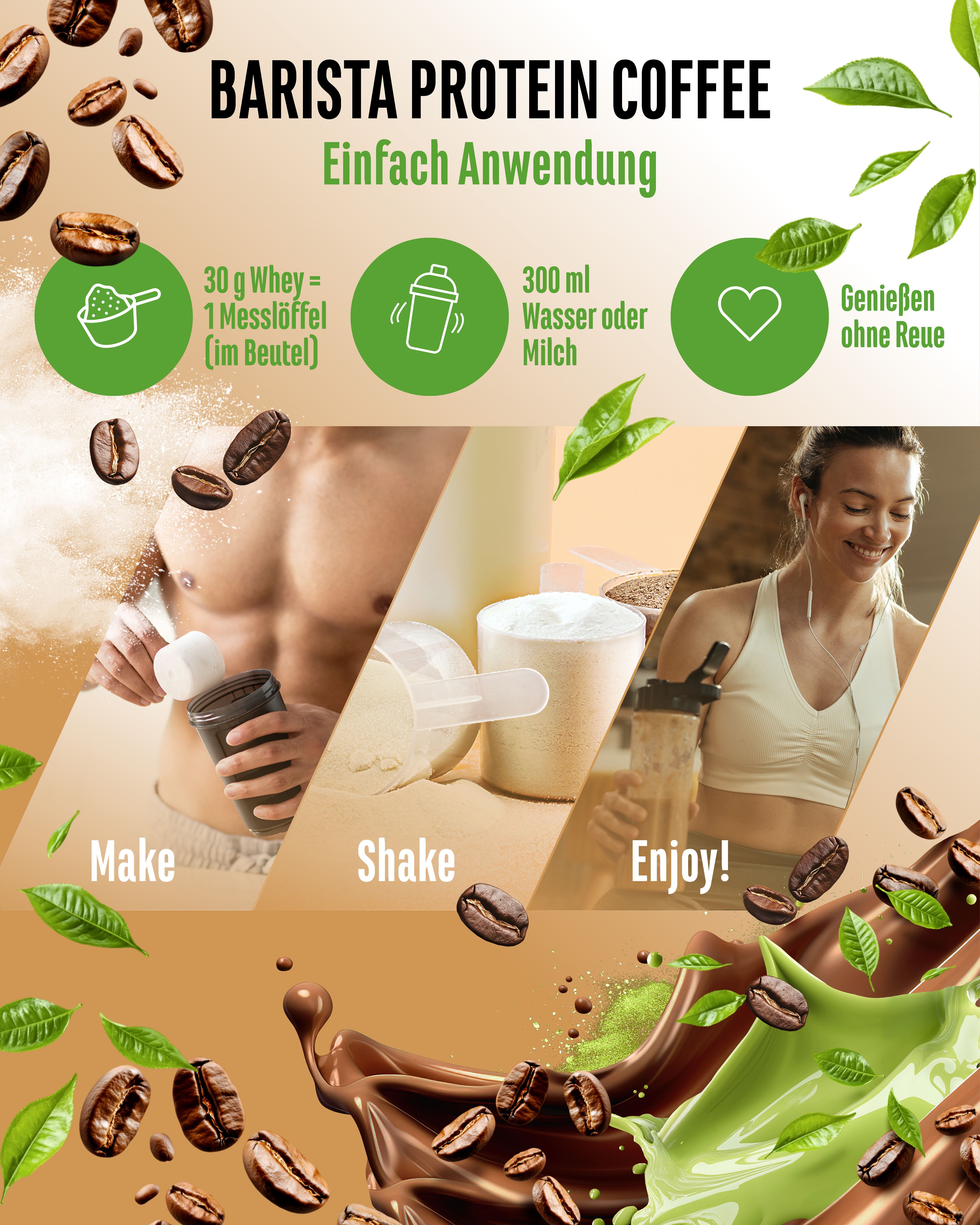Anwendungshinweise für "vit4ever Barista Protein Coffee". Schritte: Zubereiten, Shaken, Genießen. Abbildung von Personen.