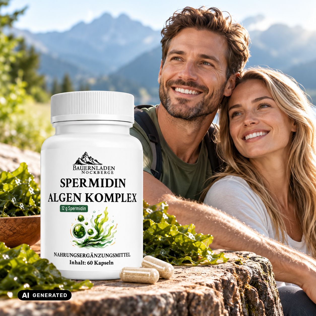 Weiße Kapsel mit Spermidin Algen Komplex, 60 Kapseln, neben einem lächelnden Paar in Berglandschaft.
