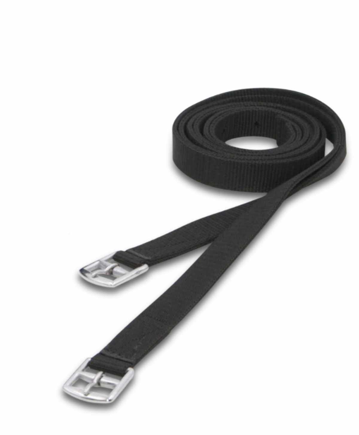 Schwarze Steigbügelriemen aus Nylon mit silberfarbenen Schnallen. Aufgerollt und teilweise ausgebreitet.