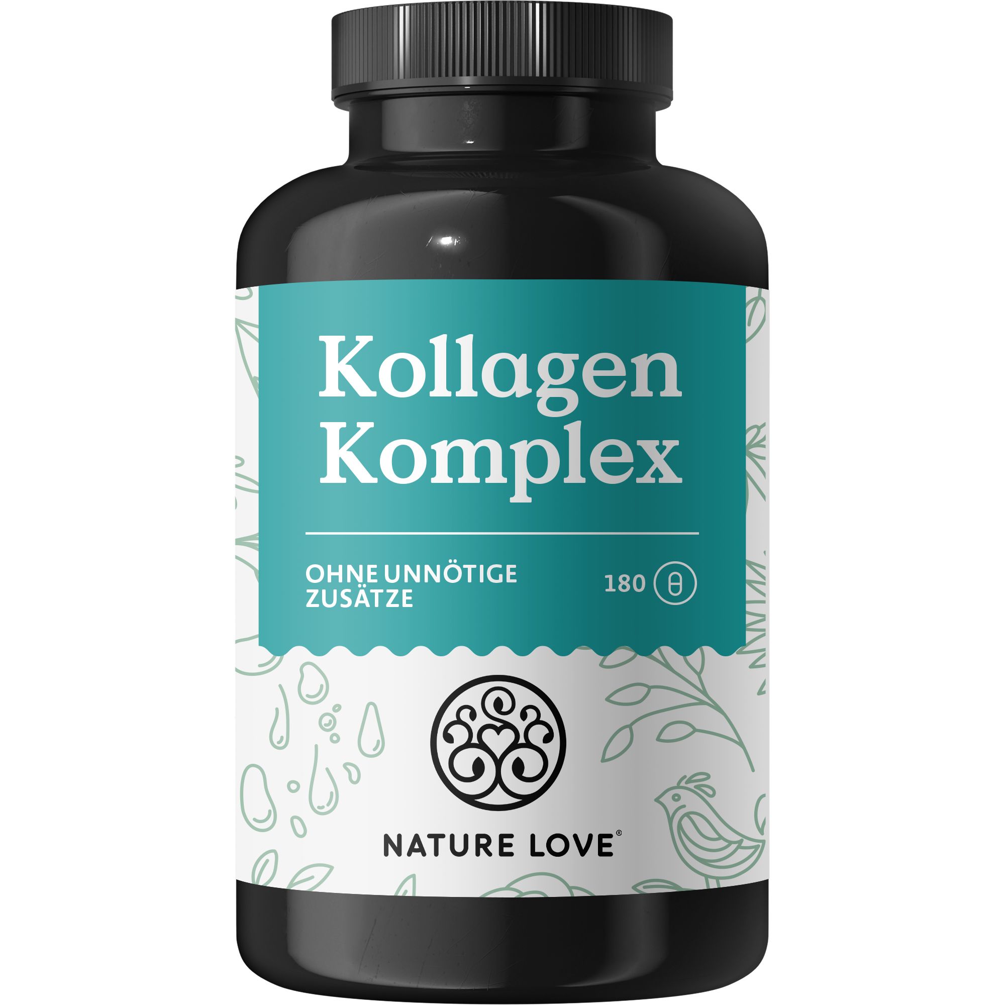 Schwarze Flasche mit grünem Etikett. Aufschrift: Kollagen Komplex, ohne unnötige Zusätze. Logo: NATURE LOVE®.