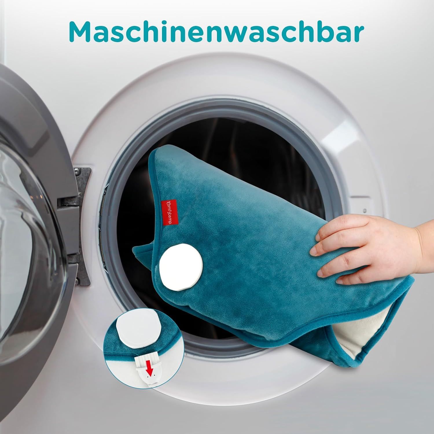 Blaues Heizkissen wird in einer Waschmaschine gewaschen.