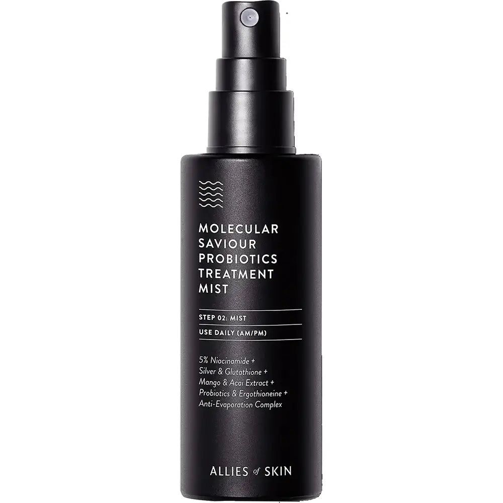 Schwarze Sprühflasche mit weißem Etikett: Molecular Saviour Probiotics Treatment Mist.