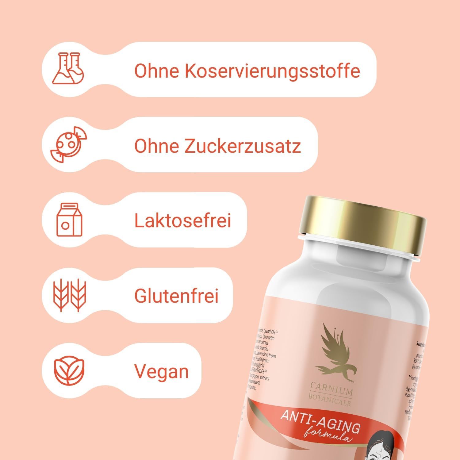 Pillenfläschchen mit goldenem Deckel. Text: Carnium Botanicals, Anti-Aging formula. Symbole für Inhaltsstoffe.