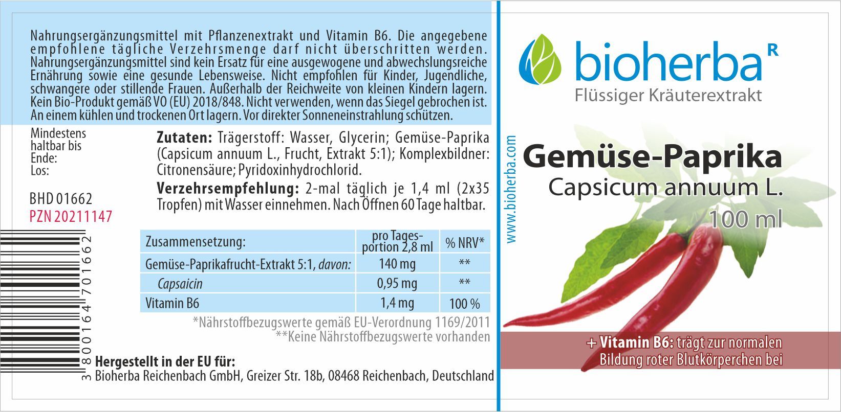 Etikett mit Produktinformationen. Gemüse-Paprika Capsicum annuum L. Tinktur, 100 ml. Zutaten, Verzehrempfehlung, Nährwertangaben, Bioherba Logo.