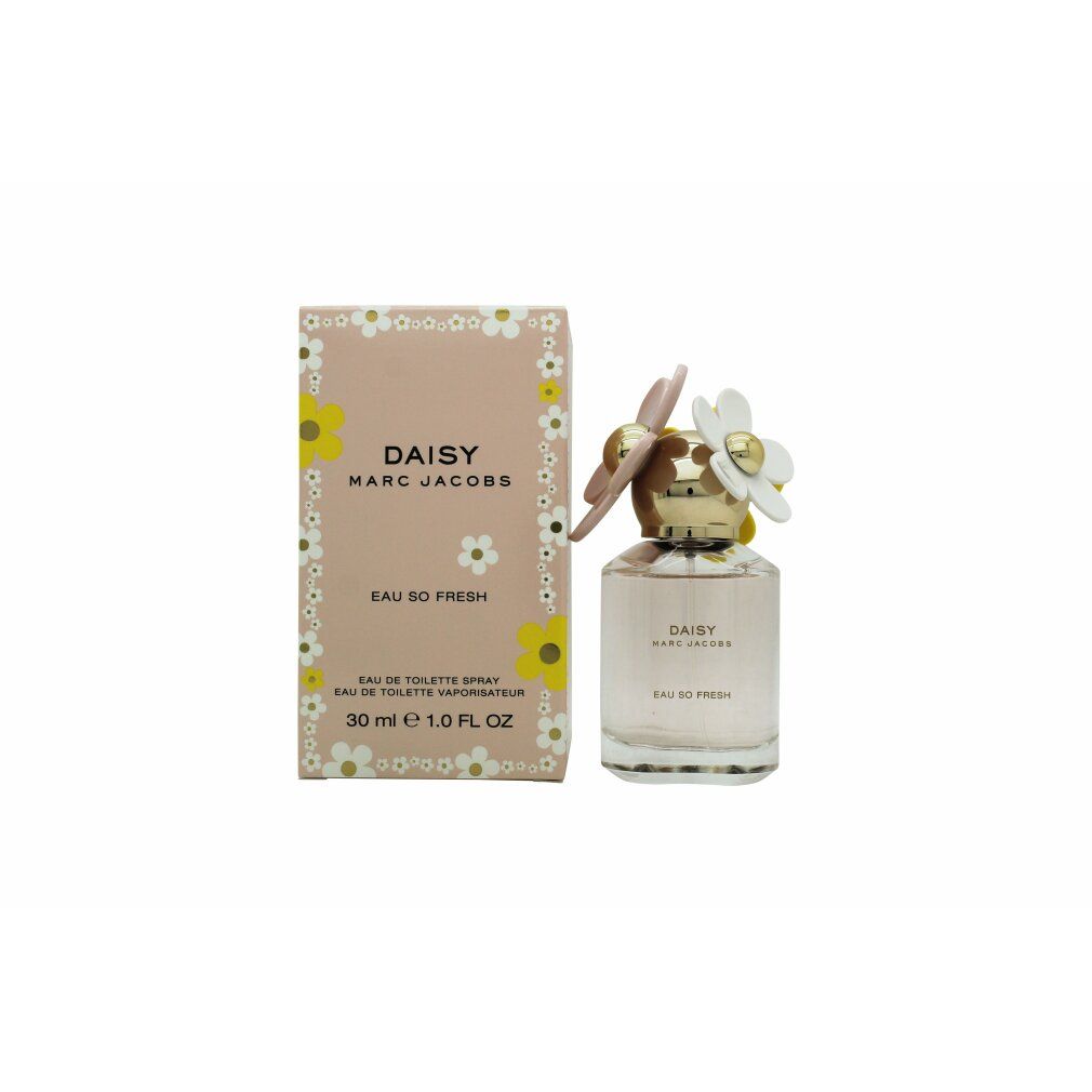 Parfümflakon und Verpackung. Flakon mit Blüten auf dem Deckel. Aufschrift: Daisy Marc Jacobs Eau So Fresh.