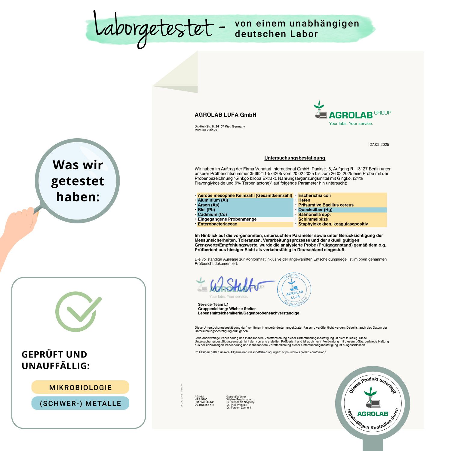 Zertifikat von Agrolab. Geprüft und unauffällig: Mikrobiologie, Schwermetalle. Laborgetestet von deutschem Labor.