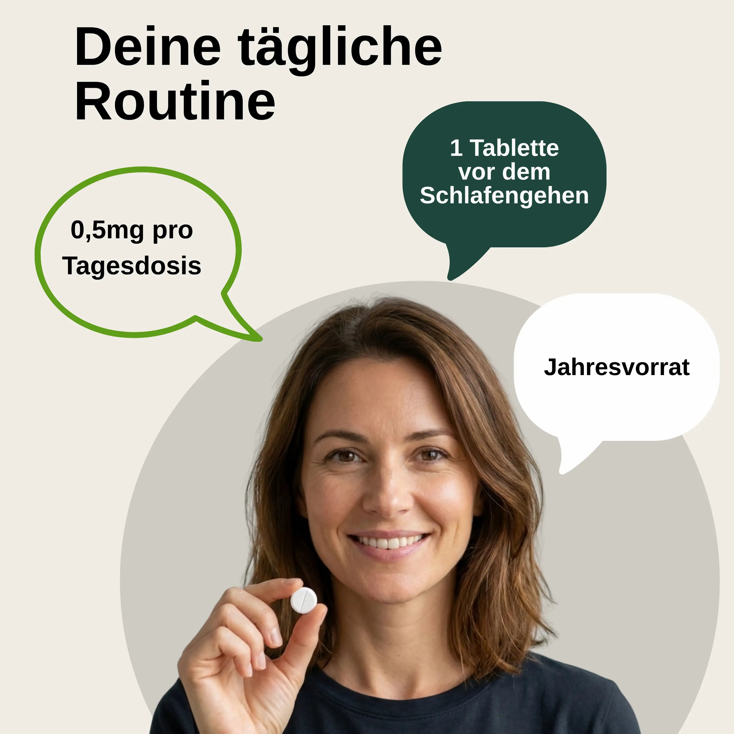 Frau hält Melatonin-Tablette. Sprechblasen: "0,5mg pro Tagesdosis", "1 Tablette vor dem Schlafengehen", "Jahresvorrat".