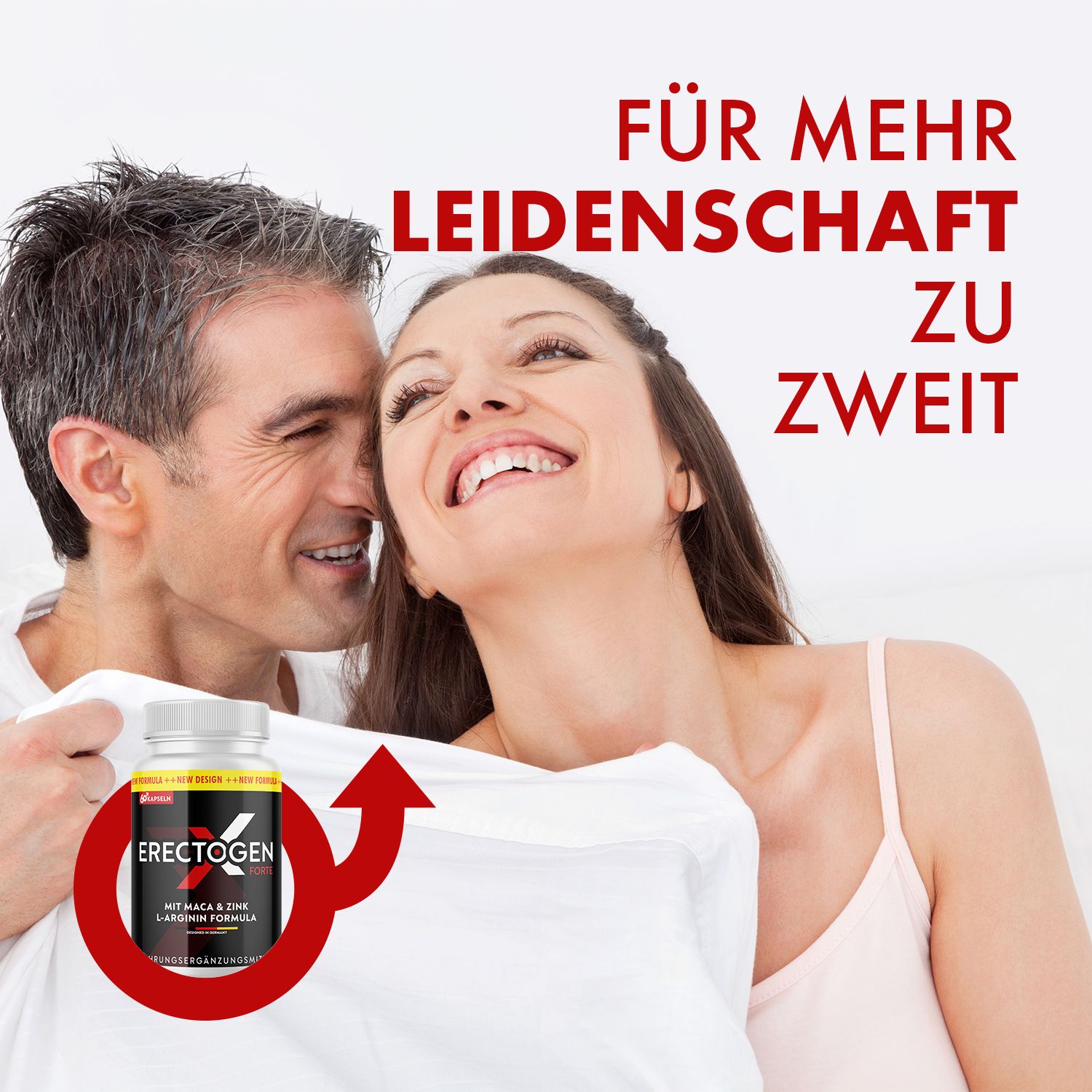 Produktflasche mit Paar im Hintergrund. Text: Für mehr Leidenschaft zu zweit. Produktname: Erectogen.