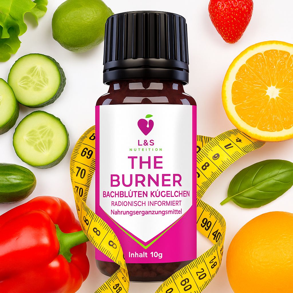 Braune Glasflasche mit schwarzem Deckel, umgeben von Gemüse, Obst und einem Maßband. Etikett: L&S Nutrition, THE BURNER, Bachblüten Kügelchen.