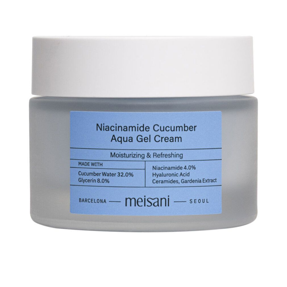 Creme-Glas mit blauem Etikett. Text: Niacinamide Cucumber Aqua Gel Cream, Meisani. Deckel weiß.