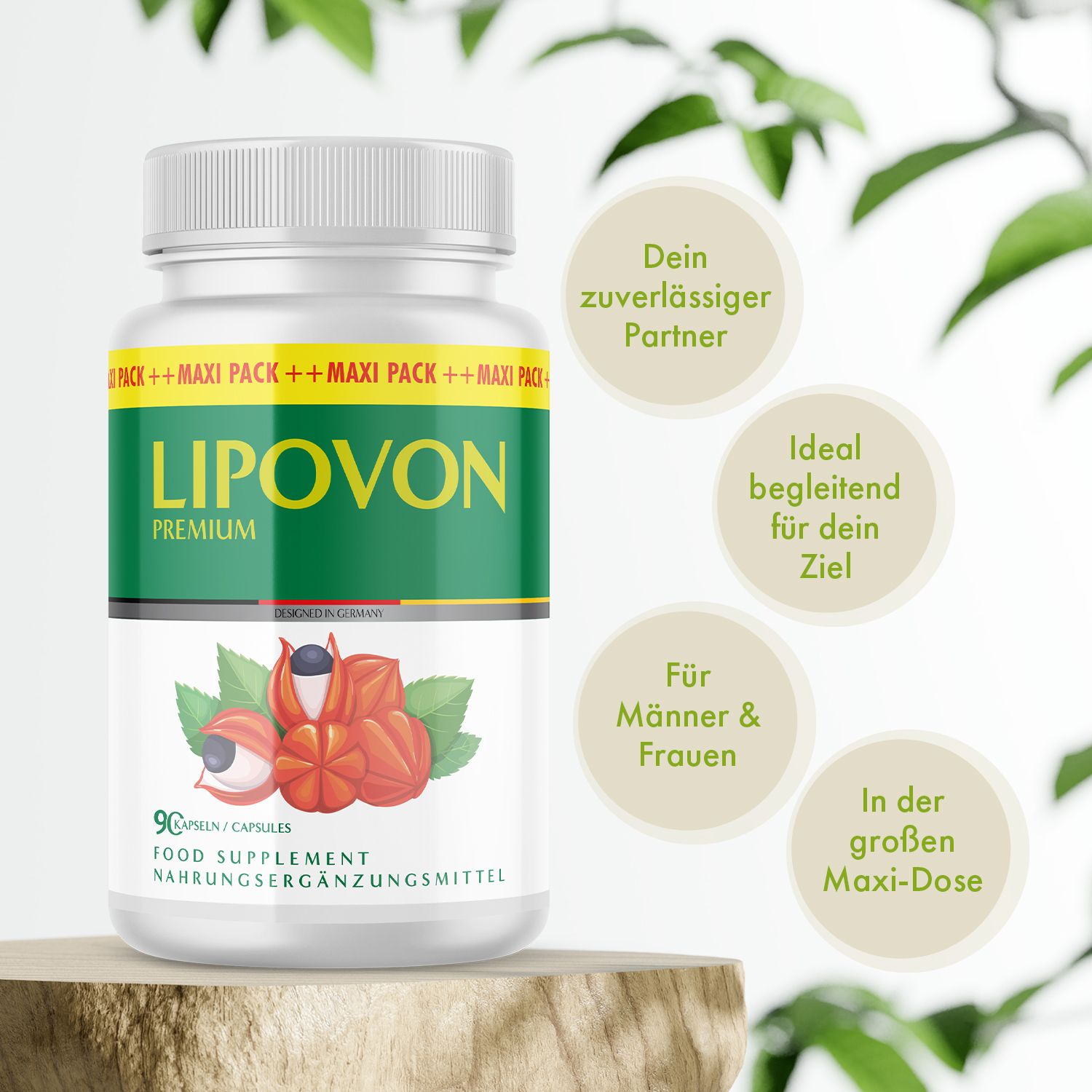 Weiße Flasche mit grün-weißem Etikett. Aufschrift: LIPOVON PREMIUM. Abbildung von Früchten. 90 Kapseln. Text in Kreisen.