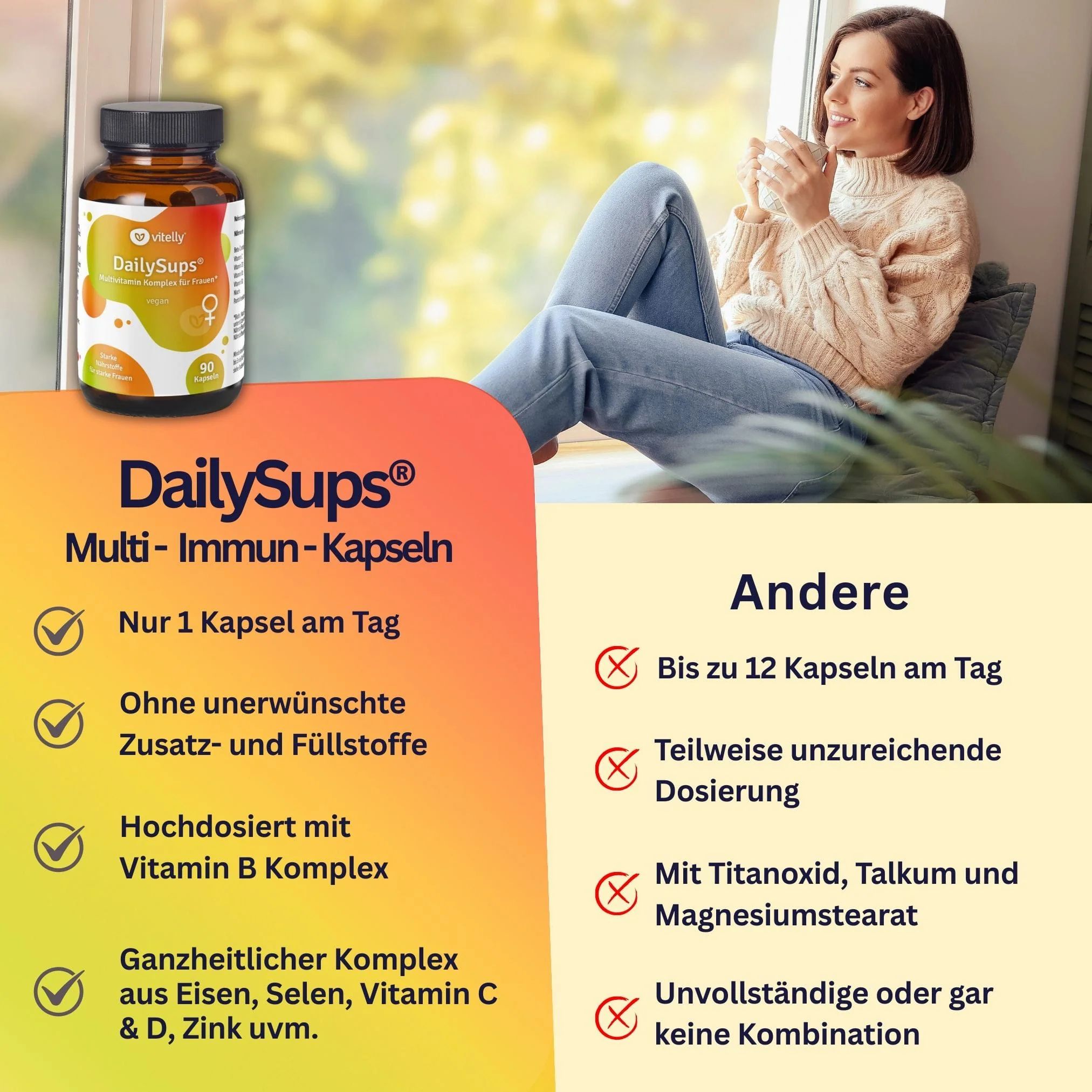 Produktflasche und Text. Vorteile: Nur 1 Kapsel am Tag, ohne Zusatzstoffe, mit Vitamin B Komplex, etc. Nachteile: Bis zu 12 Kapseln, etc.