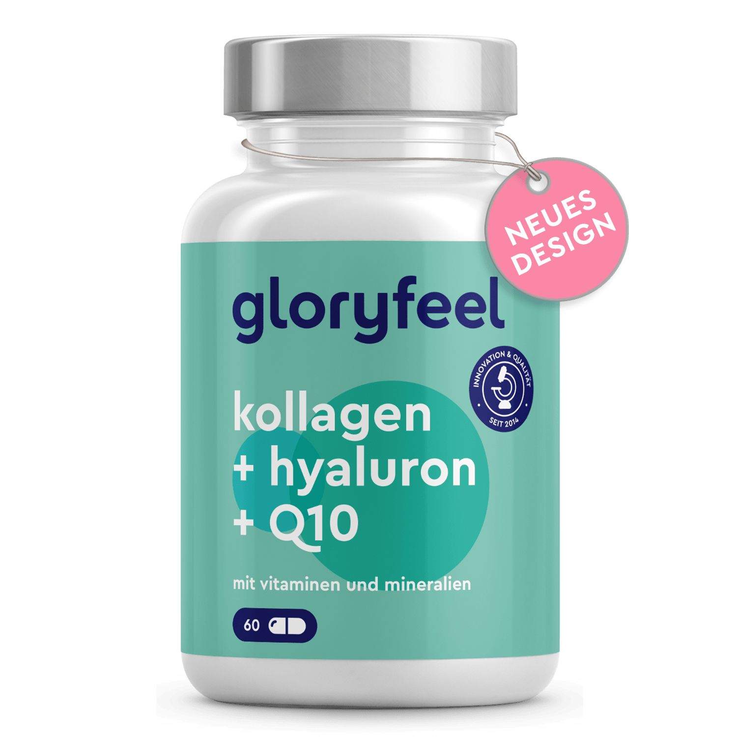Weißes Pillenglas mit blau-grünem Etikett. Aufschrift: Kollagen + Hyaluron + Q10. 60 Kapseln. Anhänger: Neues Design.