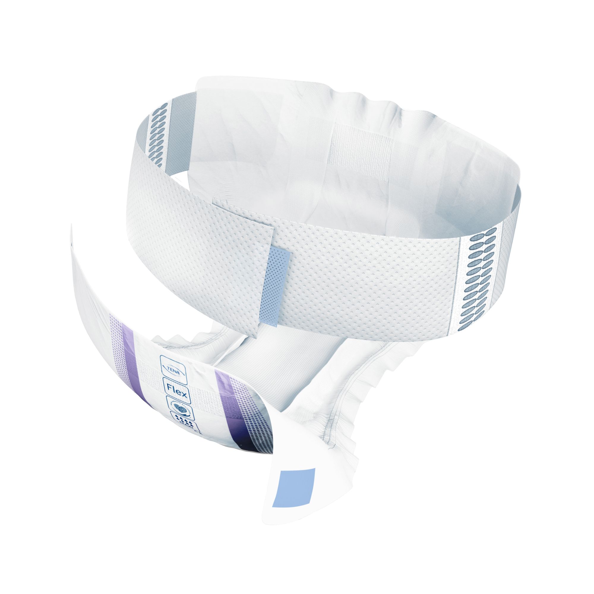 Offene TENA Flex Maxi. Weißes Produkt mit blauen und grauen Details. Flex-Design.