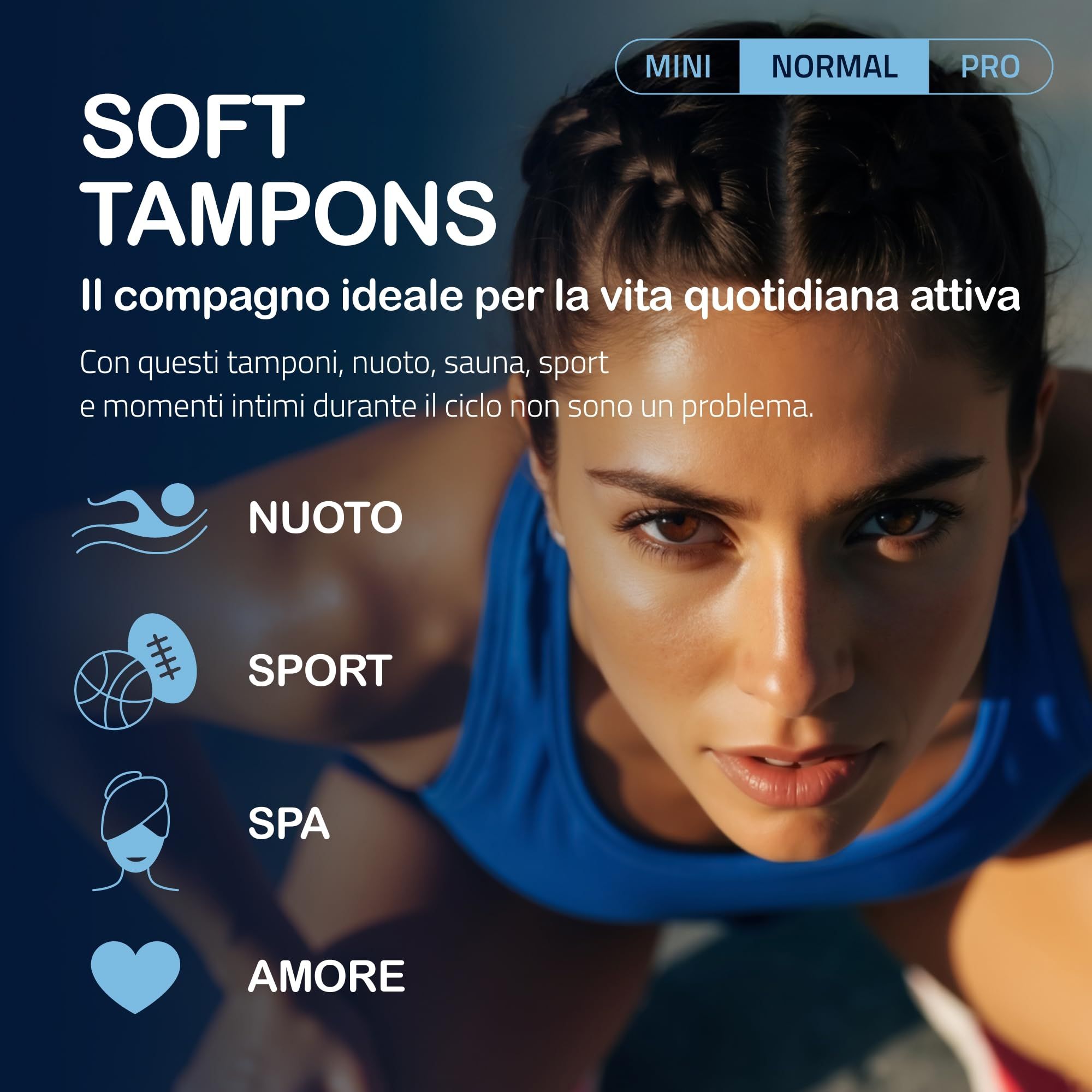 Frau beim Sport, MY.SIZE Woman Soft Tampons Normal. Symbole für Schwimmen, Sport, Spa, Liebe.