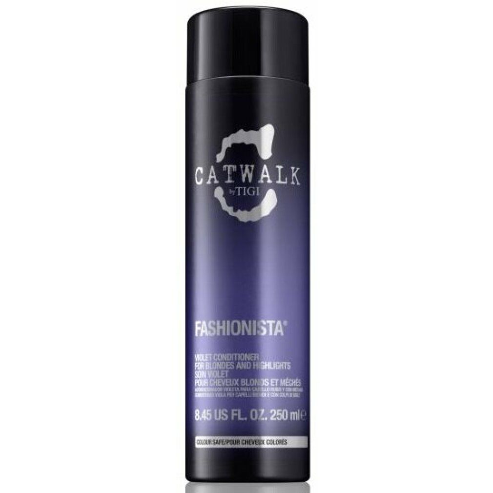 Violett Conditioner. Schwarze Flasche mit lila Farbverlauf. Schriftzug: CATWALK by TIGI, Fashionista. 250ml.