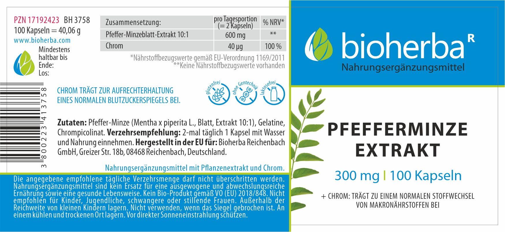 Etikett mit Produktinformationen. Aufschrift: Bioherba, Pfefferminz Extrakt, 300 mg, 100 Kapseln. Zutaten, Verzehrempfehlung, Nährwertangaben.