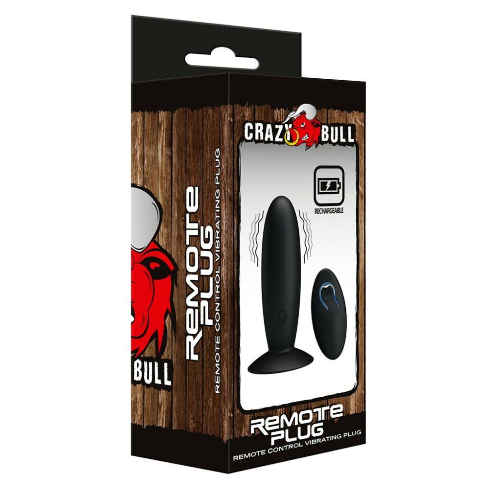 Verpackung von Crazy Bull Remote Plug. Schwarze Plug-Abbildung und Fernbedienung. Logo und Text auf der Verpackung. Wiederaufladbar-Symbol.
