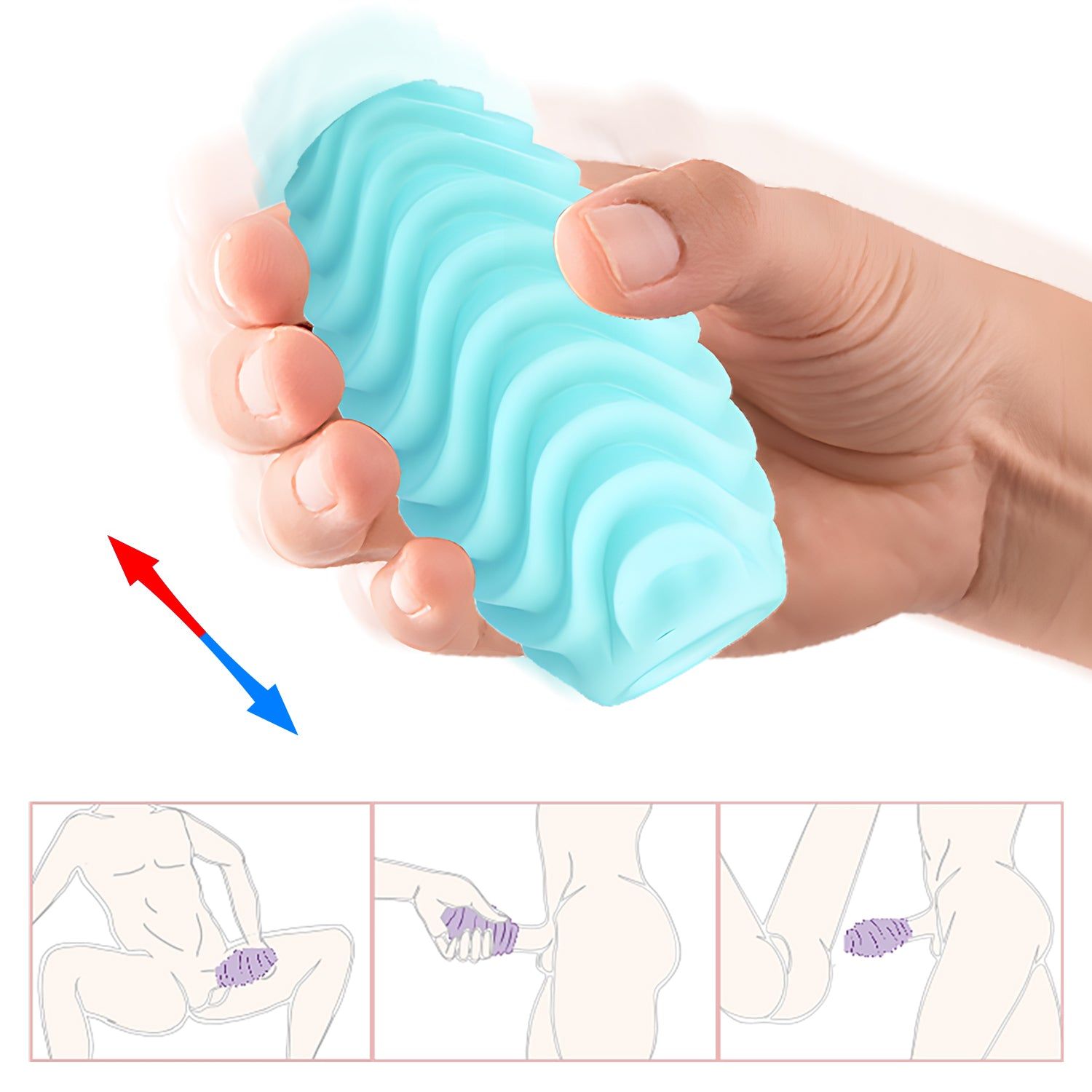 Hand hält hellblaues, eiförmiges Produkt mit gewellter Oberfläche. Pfeile und Illustrationen von Anwendungen.