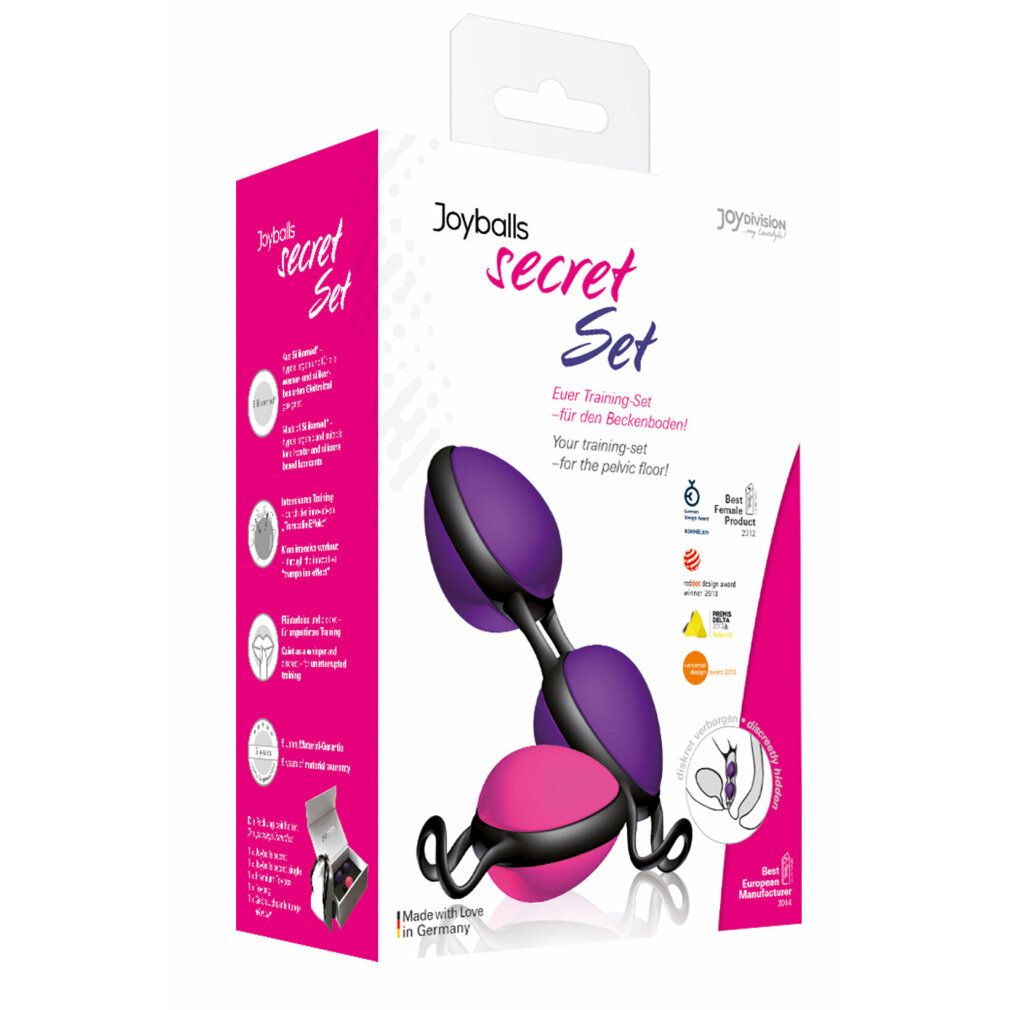 Verpackung der Joyballs Secret Set mit lila und pinken Kugeln.