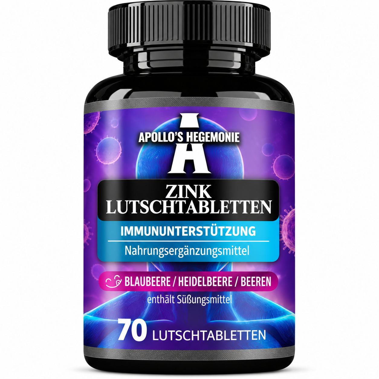 Flasche mit Apollo's Hegemony Zink Lutschtabletten, 70 Stück, Blaubeergeschmack.