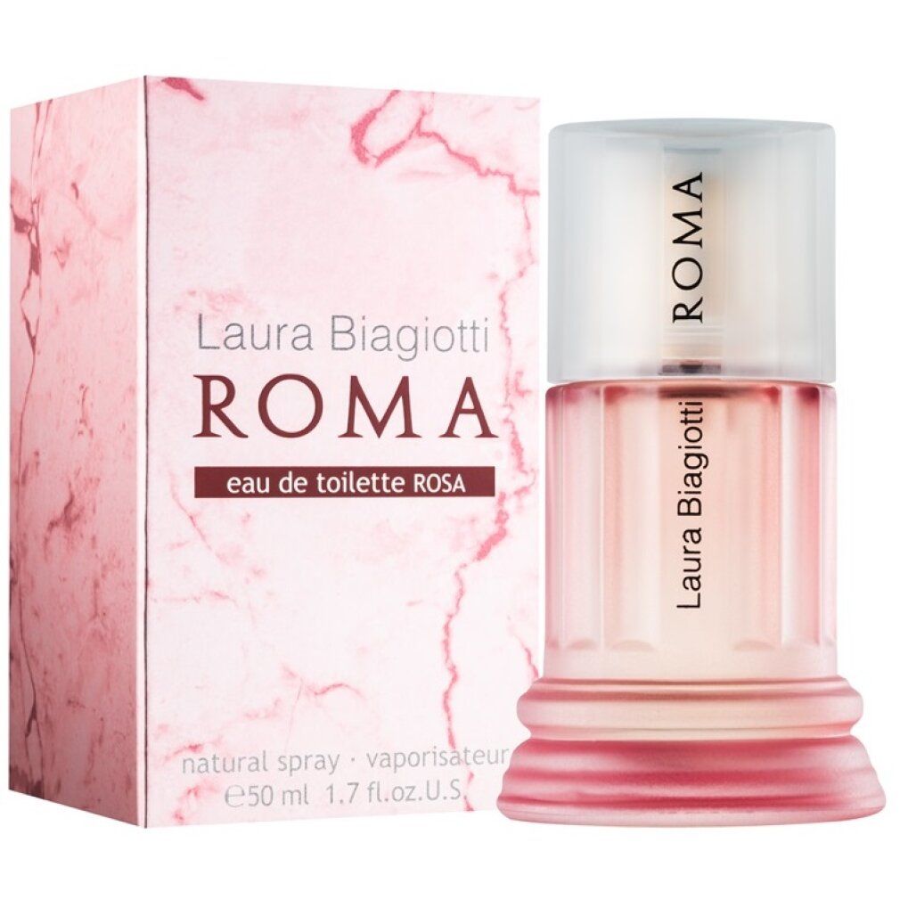 Rosa Eau de Toilette Flakon und Verpackung. Flakon mit Säulen-Design. Schriftzug: Laura Biagiotti ROMA eau de toilette ROSA.