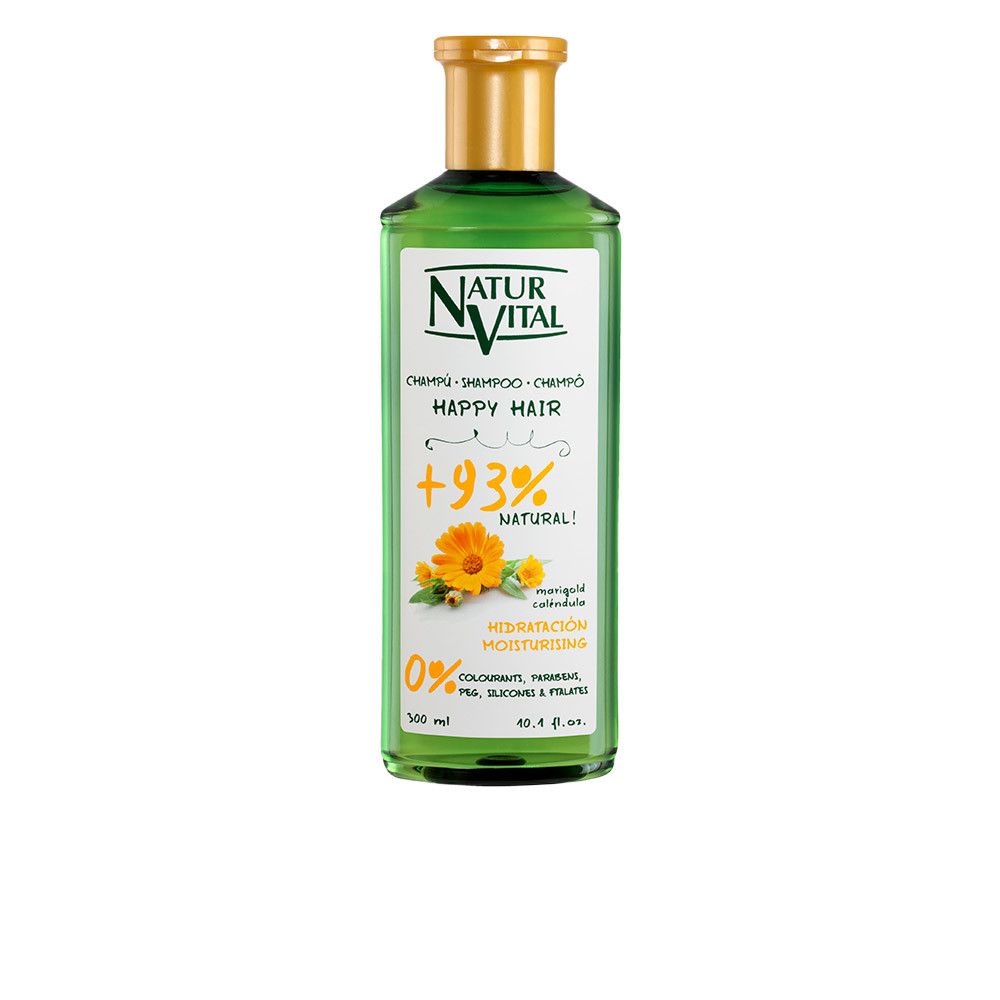 Grüne Shampoo-Flasche mit gelbem Deckel. Aufschrift: Natur Vital Happy Hair. Enthält Ringelblume. 500 ml.
