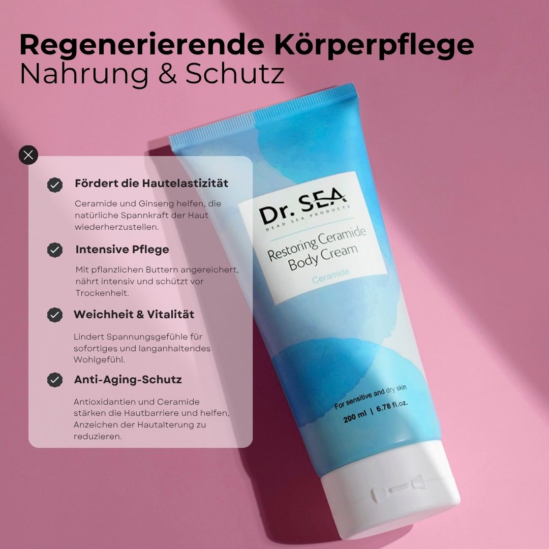 Creme-Tube mit Text. Aufschrift: Dr. SEA, Restoring Ceramide Body Cream. Text auf rosa Hintergrund. Produktvorteile.