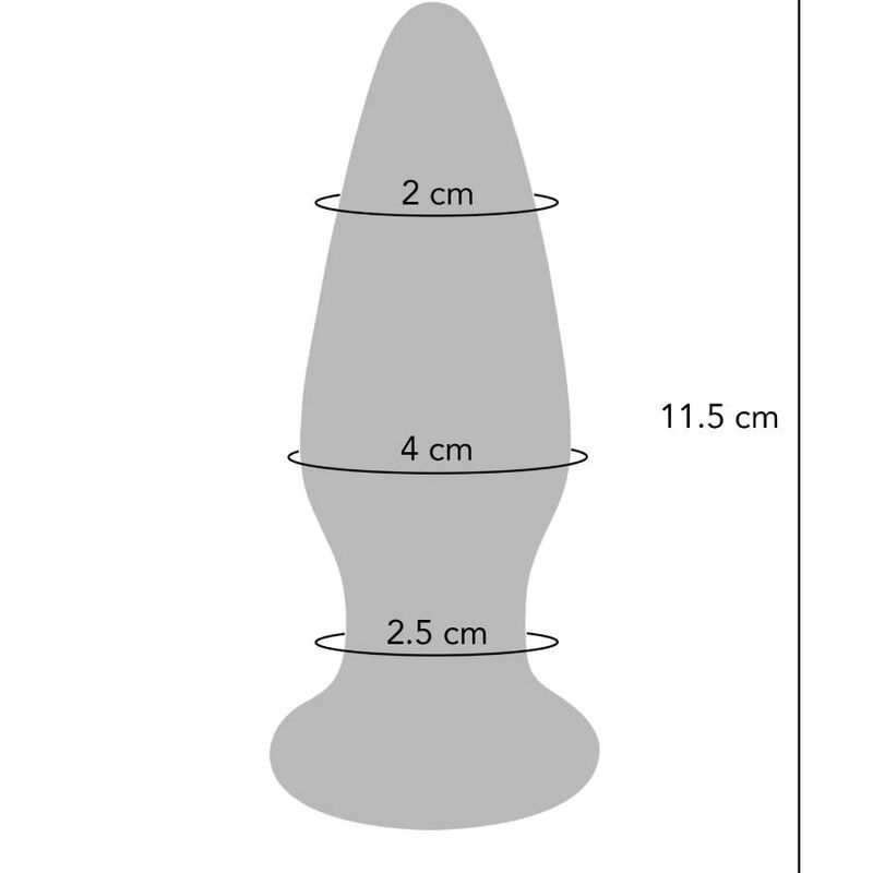 Graue schematische Darstellung eines Analplugs. Mit Maßangaben: 2 cm, 4 cm, 2,5 cm und 11,5 cm.